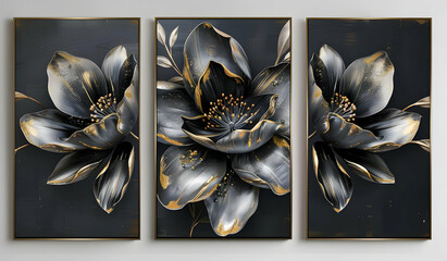 A tri-panel abstract art print featuring a large, stylized flower in shades of black and gold.
