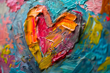 Obraz premium A vibrant, abstract heart painted with thick strokes of oil paint, showcasing a colorful and textured expression of love.
