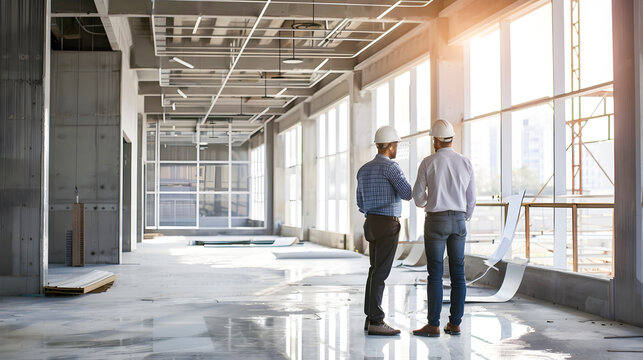 Two construction professionals likely a manager and architect having a meeting in an empty modern office space  They are discussing plans
