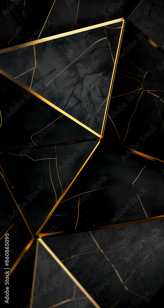 Poster abstract geometric pattern with gold triangles on a black background.