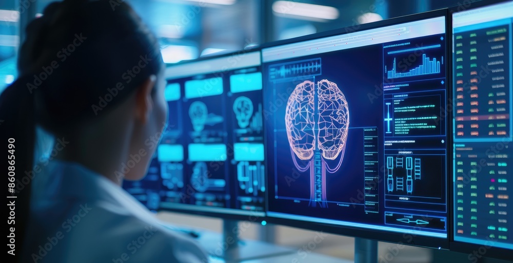 Poster scientist analyzing brain scans with advanced ai technology in a futuristic laboratory