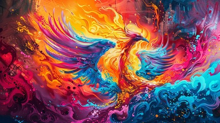 Graffiti image of a mystical phoenix rising from the flames in vibrant colors