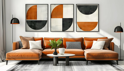 Modern living room interior with three abstract geometric art prints in black, white, and orange.