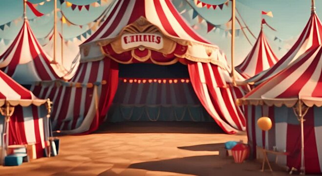 Vibrant circus tent background with majestic red and white striped tent