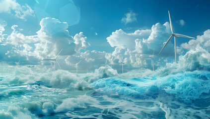 Wind turbines stand tall amidst a sea of fluffy clouds, symbolizing renewable energy and a bright future.