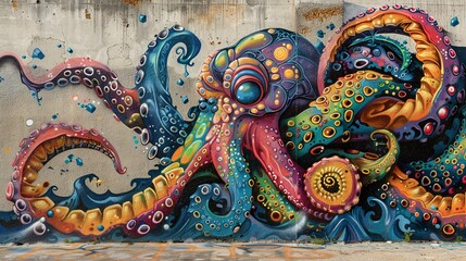 Obraz premium Colorful graffiti artwork of a mythical kraken emerging from the ocean