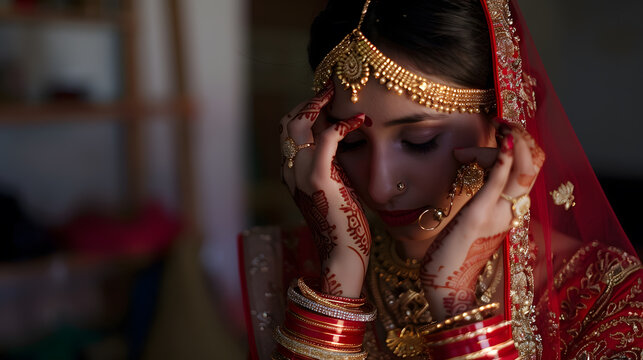 Indian bride wearing wedding traditional red bangles choora and getting ready for her wedding ceremony in Delhi India : Generative AI