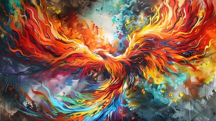 Colorful graffiti image of a phoenix rising from ashes with vibrant flames