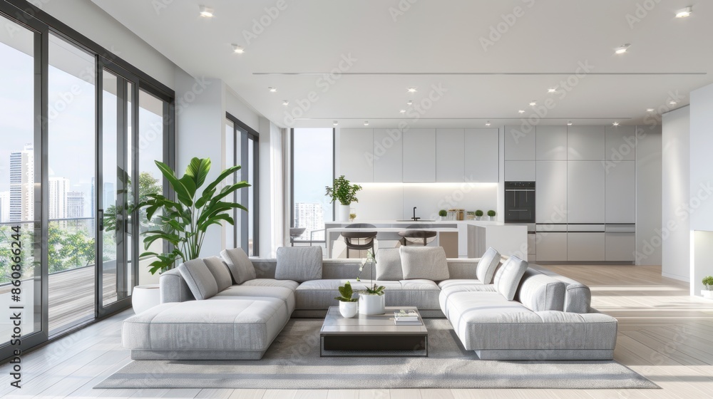 Poster a large white couch sits in front of a window in a modern living room. generate ai image