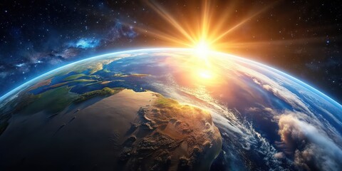 Obraz premium A breathtaking view of Earth from space, with the radiant sun casting a warm light over the planet, Earth, space, sun, radiant, warm