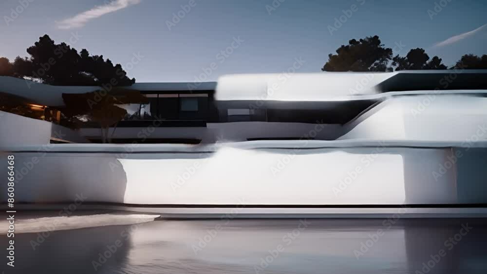 Poster modern home with pool at dusk generative ai