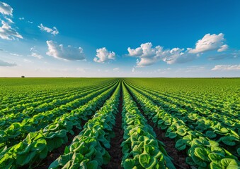Rows of Green Crops in a Vast Farm Field Under a Blue Sky