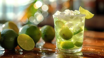 a classic Brazilian cocktail that's refreshing, sugar, and fresh lime wedges muddled together with ice, creating a perfect blend of sweet, tangy, and refreshing flavors to enjoy in a tropical setting.