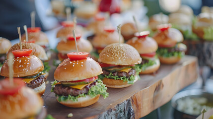 Naklejka premium Food beautifully decorated catering banquet table with small burgers At a corporate Christmas birthday or wedding celebration Buffet table Buffet at the reception Banquet service : Generative AI