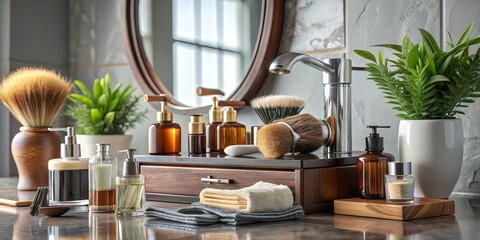 Elegantly curated bathroom vanity display featuring grooming essentials , bathroom, vanity, display, curated, elegant, grooming