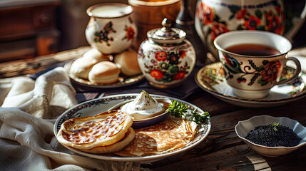 Fototapeta premium Blini, sour cream, caviar, black tea, rustic Russian kitchen, wooden furniture, soft natural light.