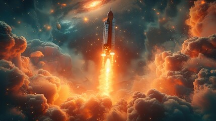 Astronomical Success: 3D Rocket Ship Reaching a Star in the Galaxy of Achievement, Generative Ai