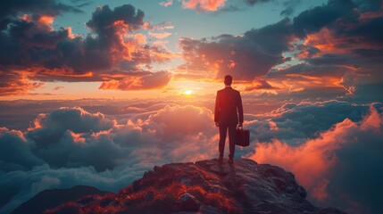 Obraz premium Triumph of Success - Businessman Conquering Mountain Peak with Briefcase in Hand, Career Achievement Concept, Generative Ai