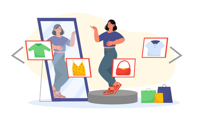 Woman trying on clothes. Girl tries on clothes in front of mirror. Style and fashion, aesthetics and elegance. Shoppaholic in shopping mall, boutique. Cartoon flat vector illustration