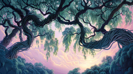 A lush forest with trees and clouds in the sky. The sky is a mix of blue and pink