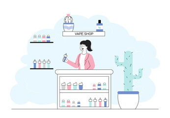 Woman in vape shop. Girl selling electronic cigarettes. Vaporizators and modern devices for smokers. Bad habits and unhealthy lifestyle. Linear flat vector illustration