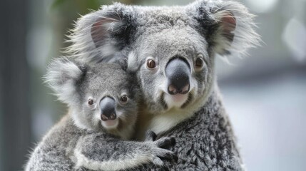Fototapeta premium Mother Koala and Joey Looking at the Camera