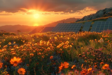 Obraz premium Sunset Over a Field of Flowers and Solar Panels