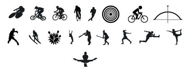 Diverse sports in one vector, Variety of sports, collection of sports, stylish cycling vector, cricket silhouette vector, Athletic player silhouette, Mixed sports set, skating player 