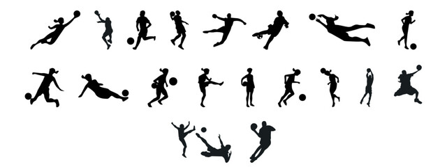 Dynamic soccer player silhouettes,Silhouettes of Soccer players, Diverse poses of football players,Elite soccer player silhouettes, Comprehensive set of football game,Versatile soccer action 