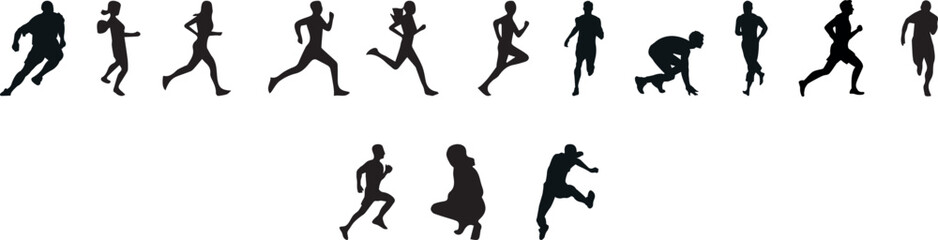 Dynamic running people silhouettes Collection, Jogging icons vector set,Black silhouette icons of jogging and running, Silhouette of joggers Vector,Race vector, Running competition 