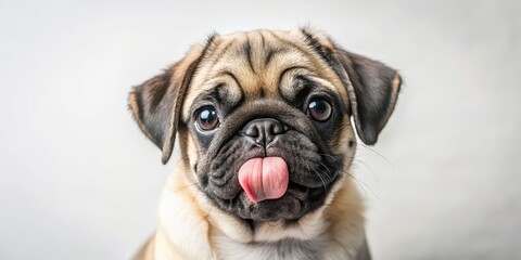 Adorable pug puppy with tongue sticking out and licking nose, pug, puppy, adorable, tongue, nose, licking, cute, small, pet, dog