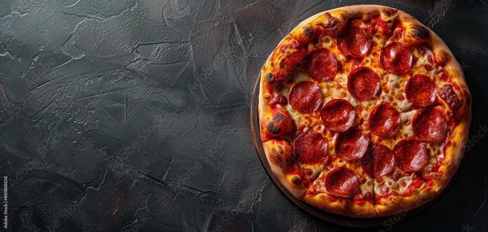 Wall mural a freshly baked pepperoni pizza sliced on a black slate board