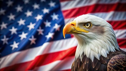 Majestic bald eagle with American flag in background on 4th of July celebration, bald eagle, majestic