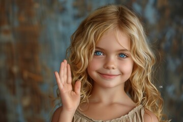 Fototapeta premium Young Girl With Blonde Hair and Blue Eyes Waving Hello in a Portrait