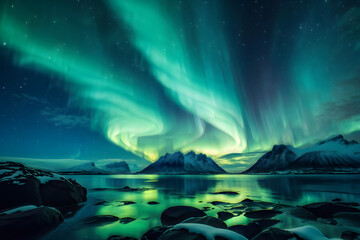 Spectacular Aurora Borealis over tranquil waters framed by snowy peaks
