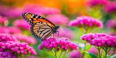 Fototapeta premium Butterfly perched on vibrant pink flowers in a garden , Butterfly, pink, flowers, garden, nature, vibrant, beautiful