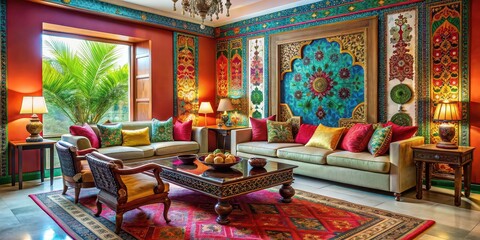 Modern Indian living room with vibrant colors, intricate patterns, and luxurious furnishings