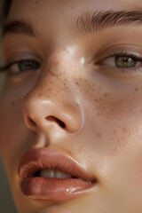 Detailed Close-Up of a Young Woman in Her 20s with Glowing, Healthy Skin, Without Makeup