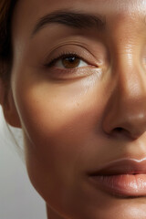 Fototapeta premium Detailed Close-Up of a Young Woman in Her 30s with Glowing, Healthy Skin, Without Makeup