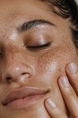 Fototapeta premium Ultra-Detailed Close-Up Photo of a Young Woman, Touching Her Face with Healthy Skin
