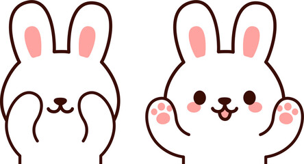 Cute cartoon bunny playing Peekaboo, hiding and opening face. Simple kawaii drawing, vector illustration.