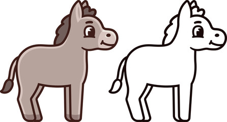 Cute cartoon donkey drawing, color and black and white line art. Isolated clip art illustration.