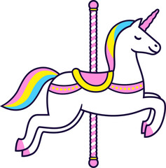 Unicorn carousel horse isolated illustration. Cute cartoon white unicorn amusement fair ride. © sudowoodo
