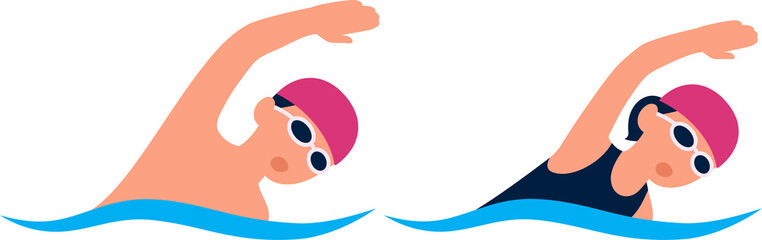 Man and woman swimming, flat illustration. Male and female freestyle swimmers, simple cartoon style.