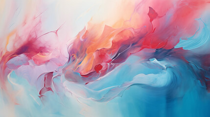 An abstract painting of light blue, pink and red colors, flowing shapes, dynamic composition, soft edges, fluid lines, ethereal atmosphere, beautiful and elegant.