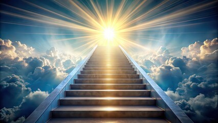 A stairway leading upwards towards a glowing heavenly light, ascent, spiritual, steps, pathway, destination