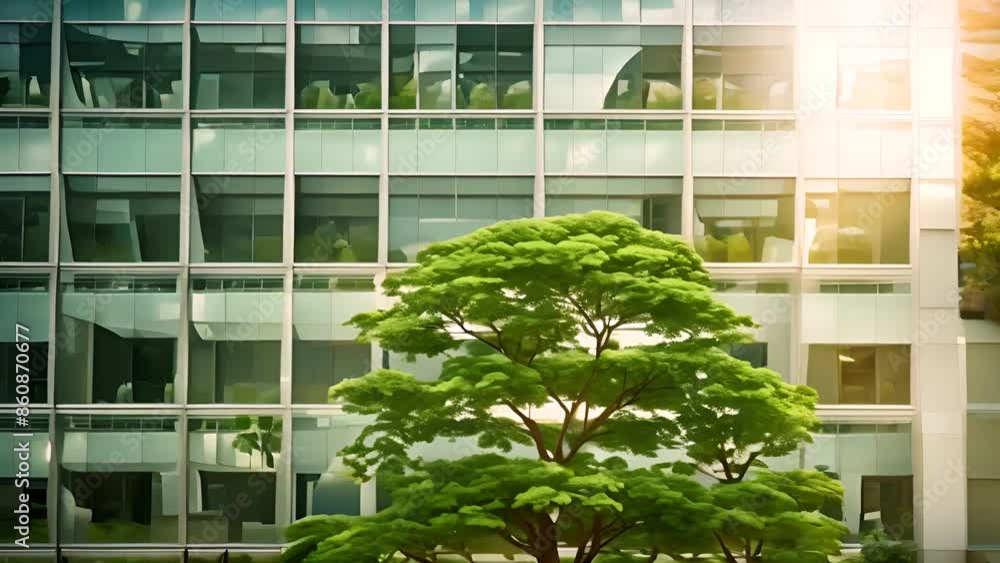 Poster green tree in front of modern building generative ai