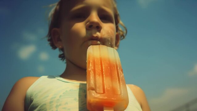 Close-up of child enjoying bright orange popsicle against blue sky. Sunlight illuminates face, eyes closed in blissful expression. Vibrant colors evoke carefree summer days. 
