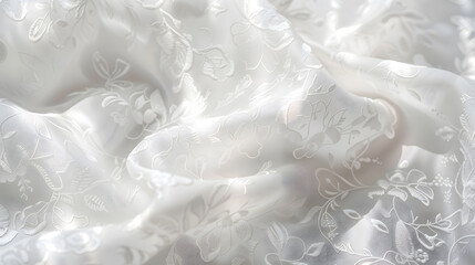 Obraz premium Elegant background image of luxurious white satin brocade wedding gown fabric with delicate floral pattern : Generative AI