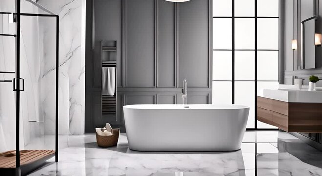 Modern bathroom interior complete with gray porcelain floor tiles